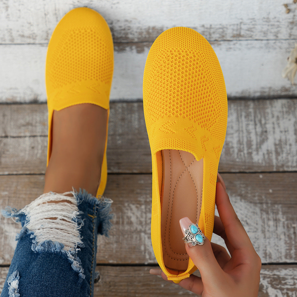 Women's Breathable Mesh Knit Slip-On Flats – Lightweight Casual Walking Shoes