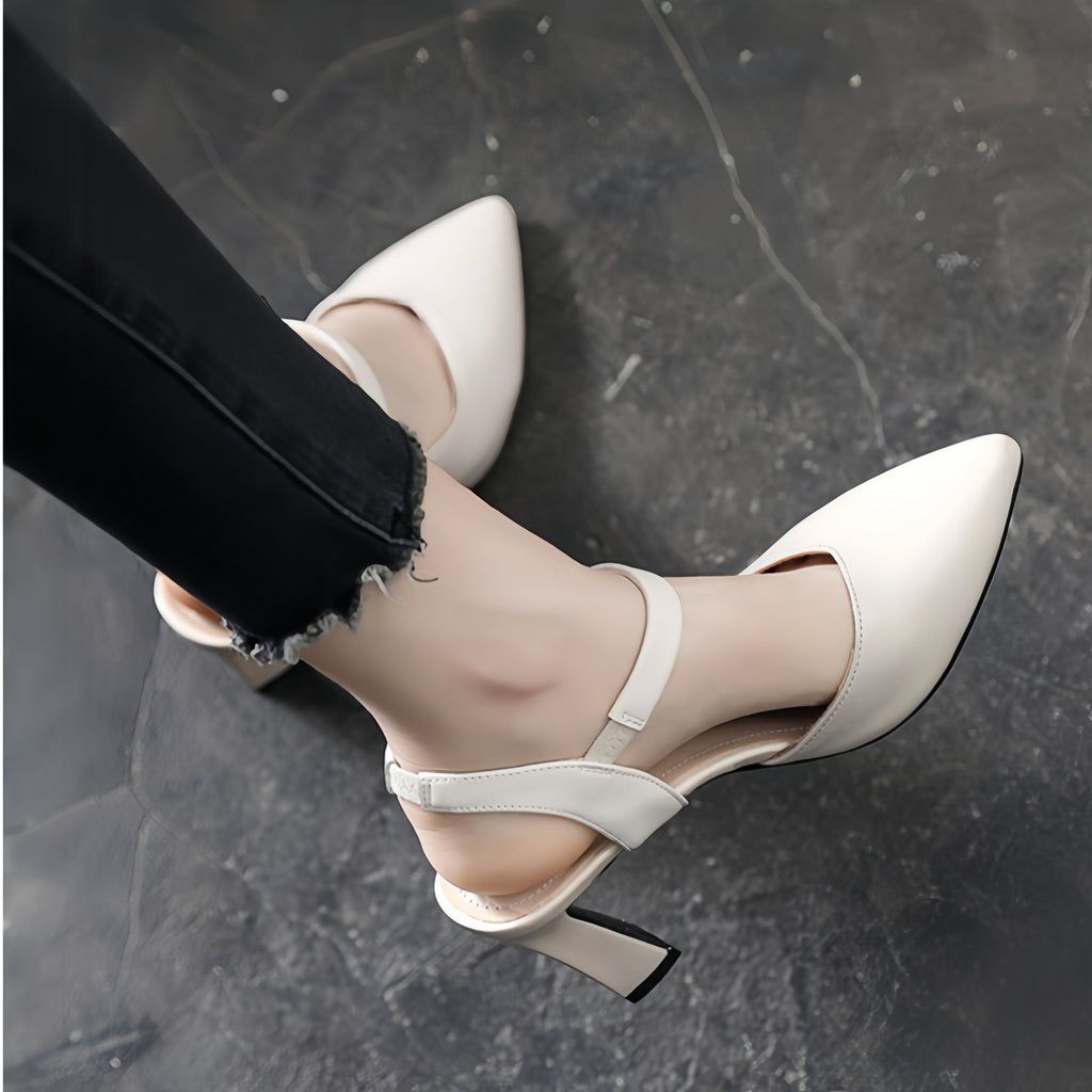 Elegant Pointed Toe Slingback Heels – White Block Heel Pumps
