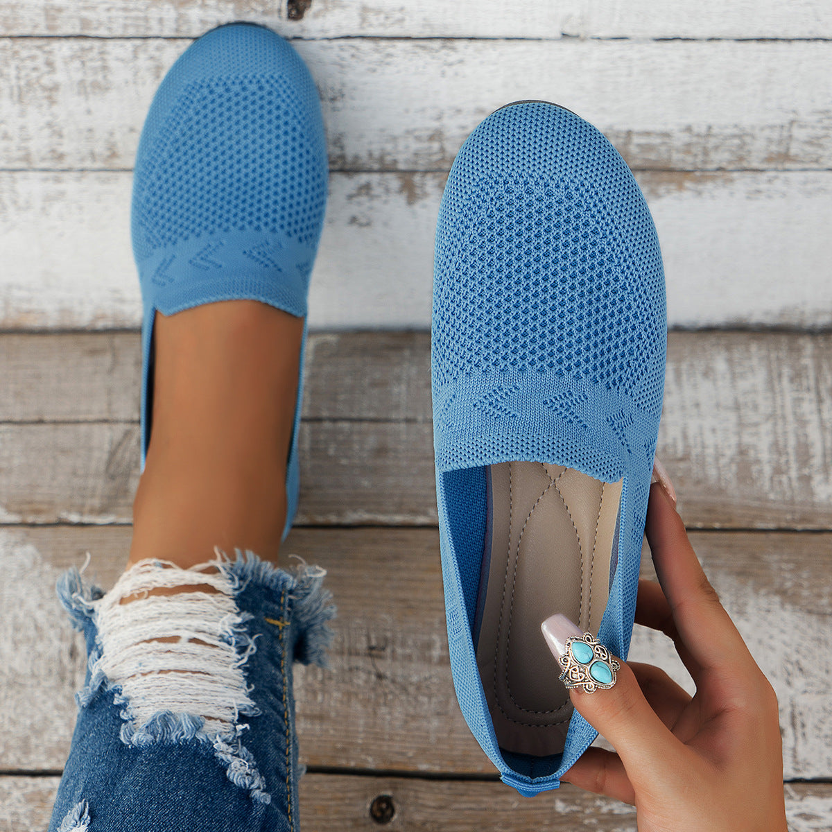 Women's Breathable Mesh Knit Slip-On Flats – Lightweight Casual Walking Shoes