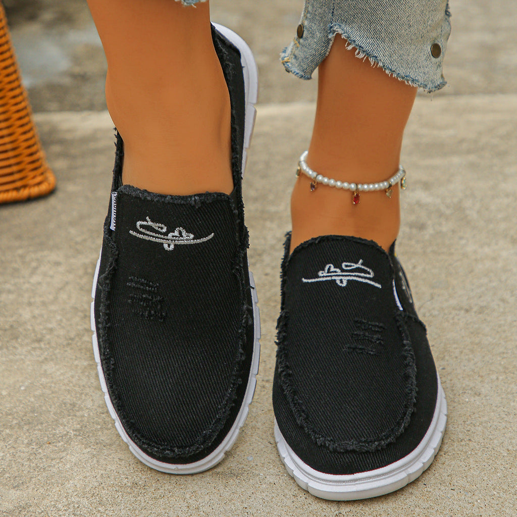 Women's Distressed Canvas Slip-On Loafers - Skateboard Embroidered Casual Shoes