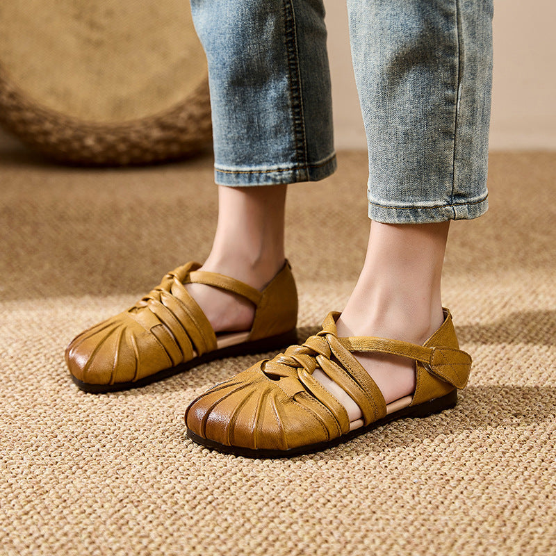 Women's Genuine Cow Leather Woven Strappy Flat Sandals - Pleated Open Toe Comfort Shoes with Ankle Strap