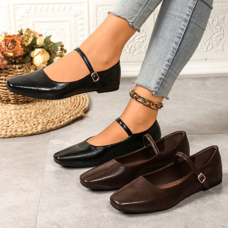Women's Square Toe Mary Jane Flats with Ankle Strap – Classic Buckle Slip-On Casual Shoes