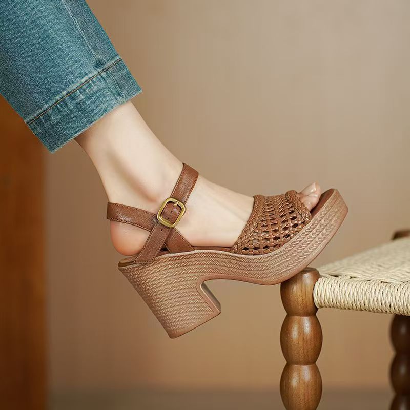 Women's 8CM Platform Chunky Heel Sandals - Woven Open Toe Slingback Shoes with Ankle Strap
