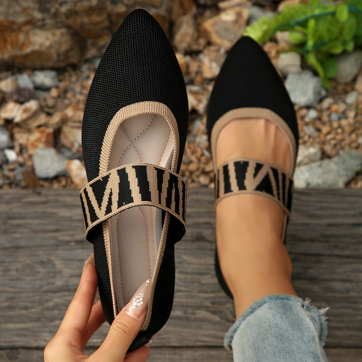 Women's Pointed Toe Mary Jane Flats - Woven Knit Elastic Strap Comfort Shoes
