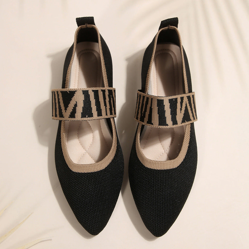 Women's Pointed Toe Mary Jane Flats - Woven Knit Elastic Strap Comfort Shoes
