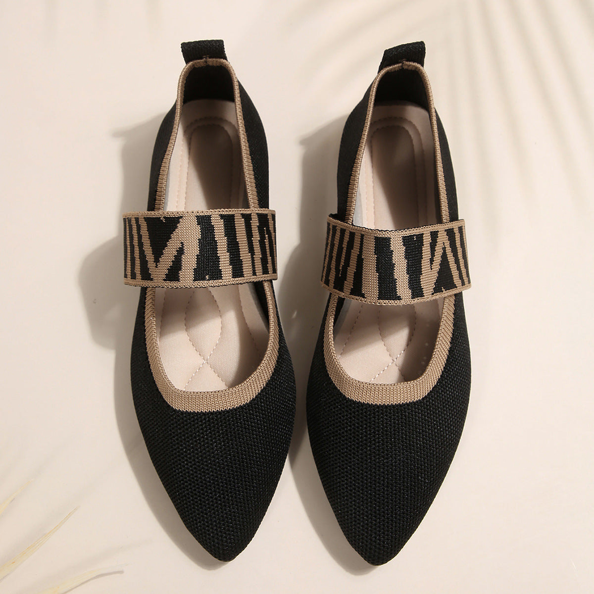 Women's Pointed Toe Mary Jane Flats - Woven Knit Elastic Strap Comfort Shoes
