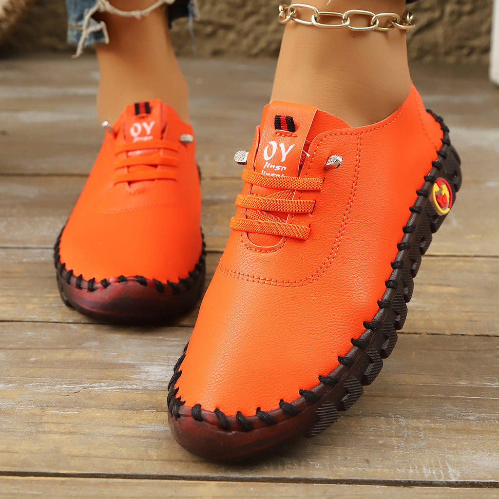 Casual Lace-Up Loafers for Women – Soft Leather Stitched Comfort Shoes with Anti-Slip Sole