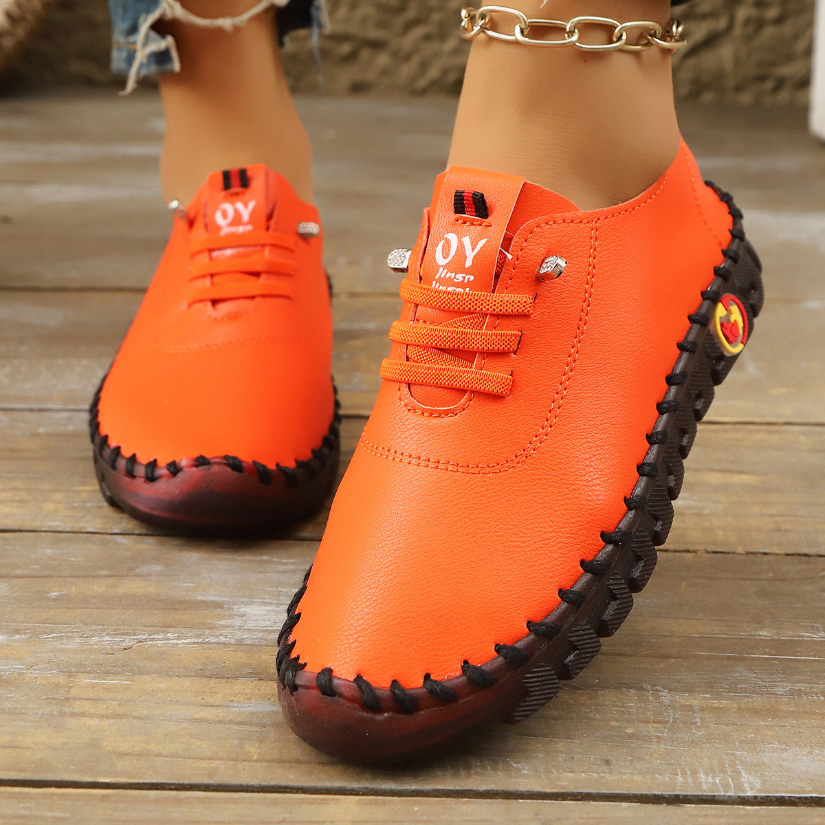 Casual Lace-Up Loafers for Women – Soft Leather Stitched Comfort Shoes with Anti-Slip Sole