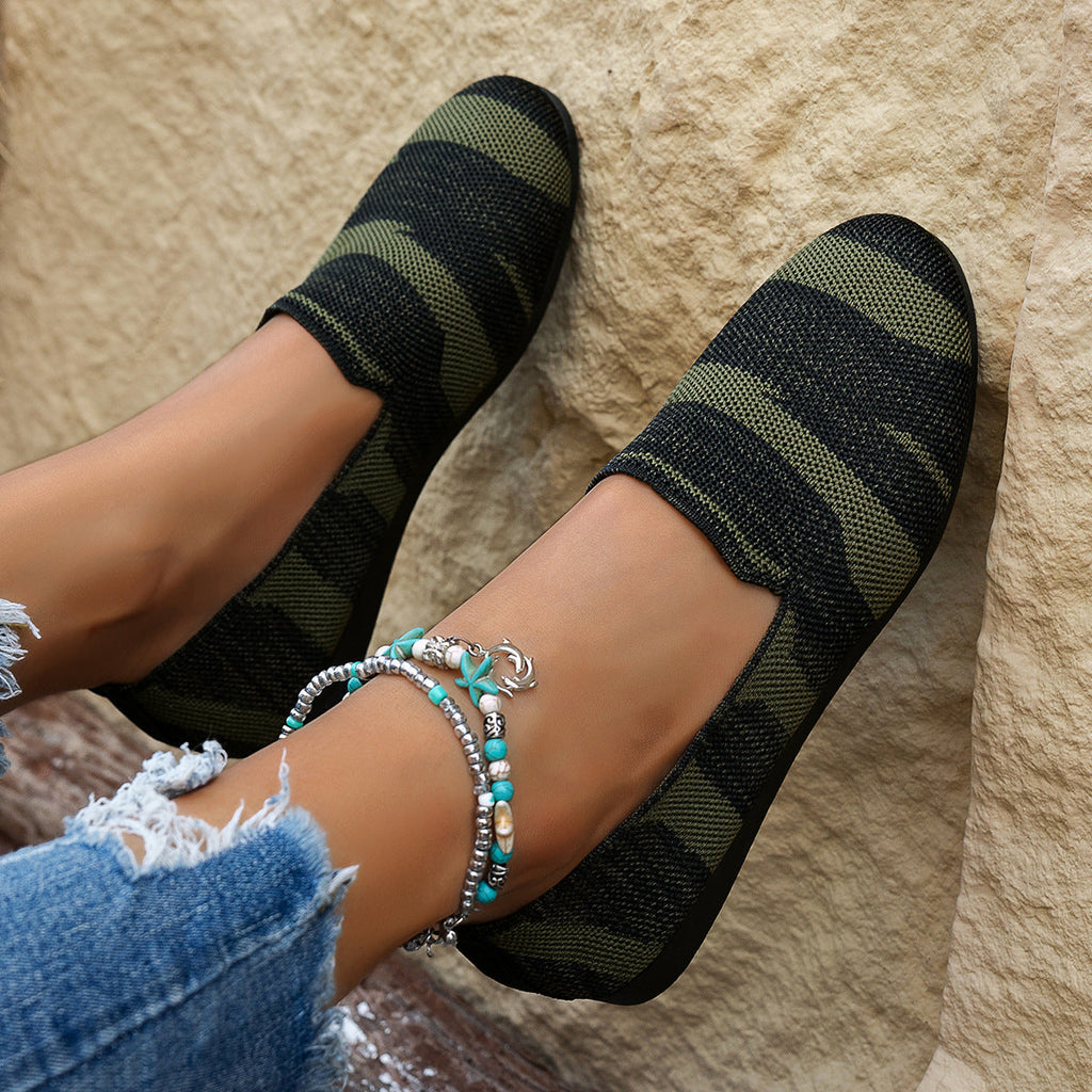 Women's Knit Slip-On Flats - Breathable Casual Camo & Striped Loafers