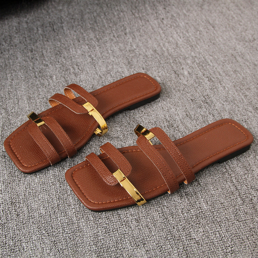 Women's Square Toe Strappy Slide Sandals with Gold Metal Accents – Comfortable Flat Summer Shoes