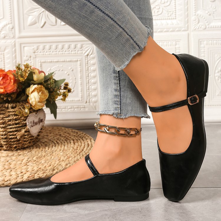 Women's Square Toe Mary Jane Flats with Ankle Strap – Classic Buckle Slip-On Casual Shoes