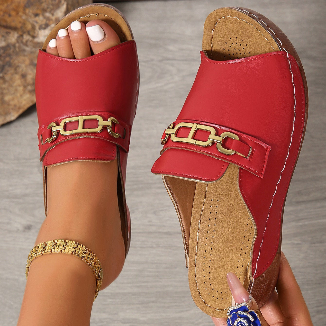 Peep Toe Wedge Mules with Chain Detail – Women's Platform Slip-On Sandals