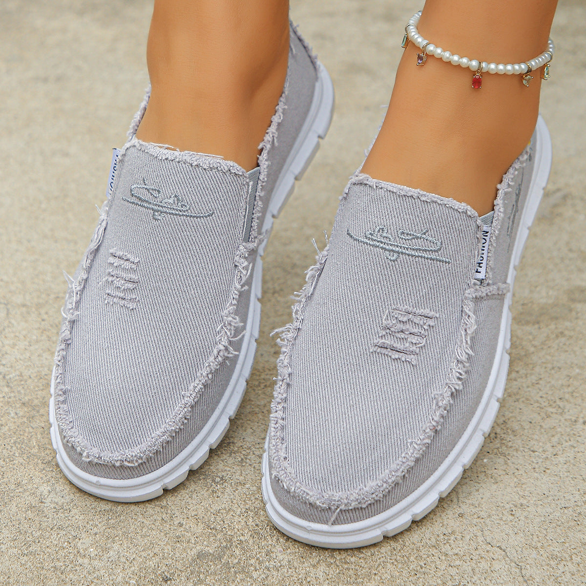 Women's Distressed Canvas Slip-On Loafers - Skateboard Embroidered Casual Shoes