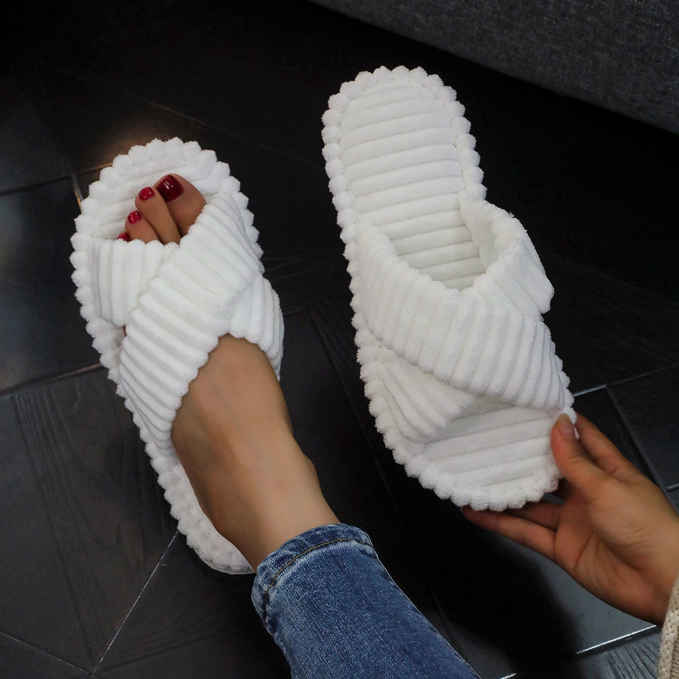 Cozy Corduroy Cross Strap Slides – Plush Platform Slippers