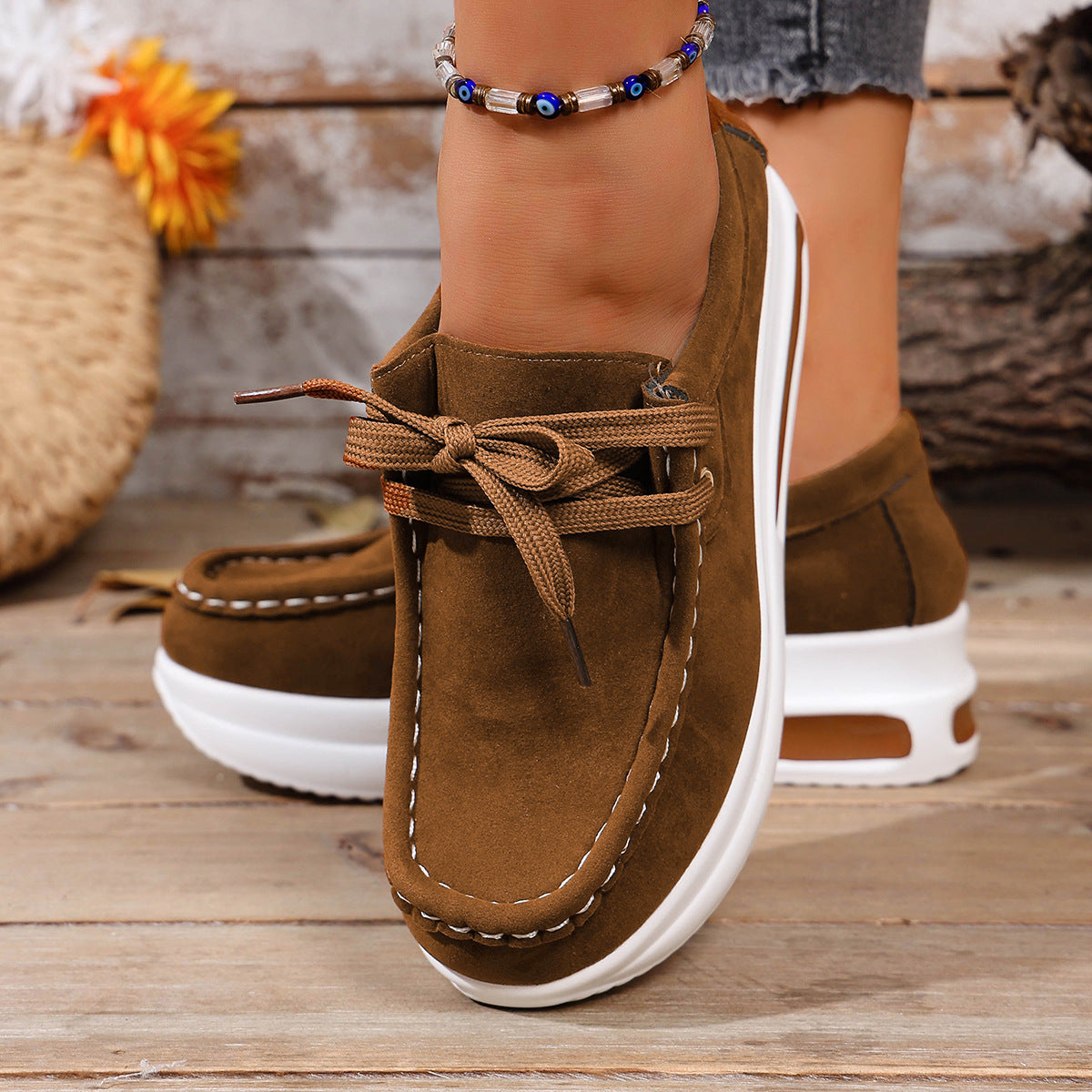 Women's Platform Lace-Up Loafers - Chunky Sole Suede Casual Sneakers