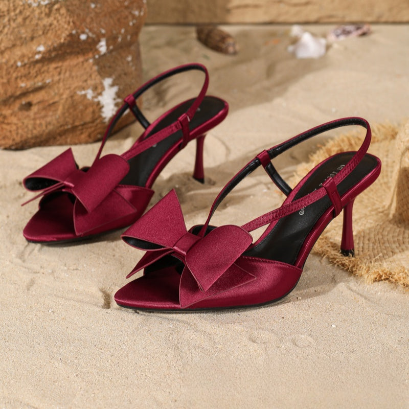 Women's Satin Bow Stiletto Heels – Pointed Toe Slingback Sandals (8.5cm Heel)