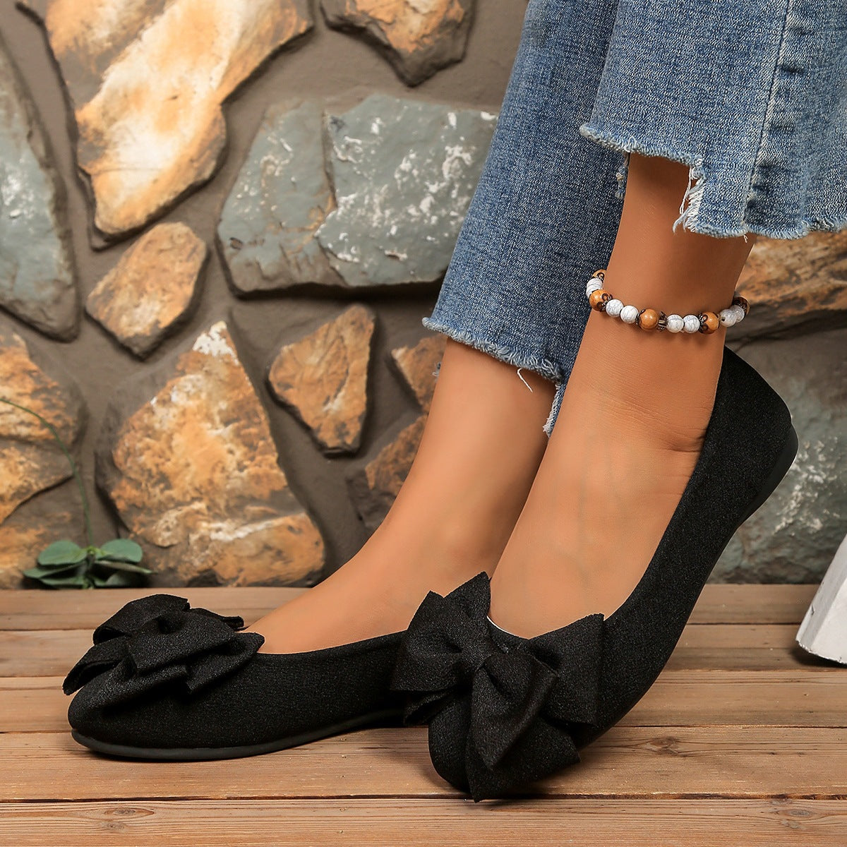Women's Bow Flat Shoes – Sparkly Glitter Slip-On Ballet Flats with Big Bow