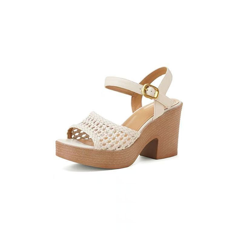 Women's 8CM Platform Chunky Heel Sandals - Woven Open Toe Slingback Shoes with Ankle Strap