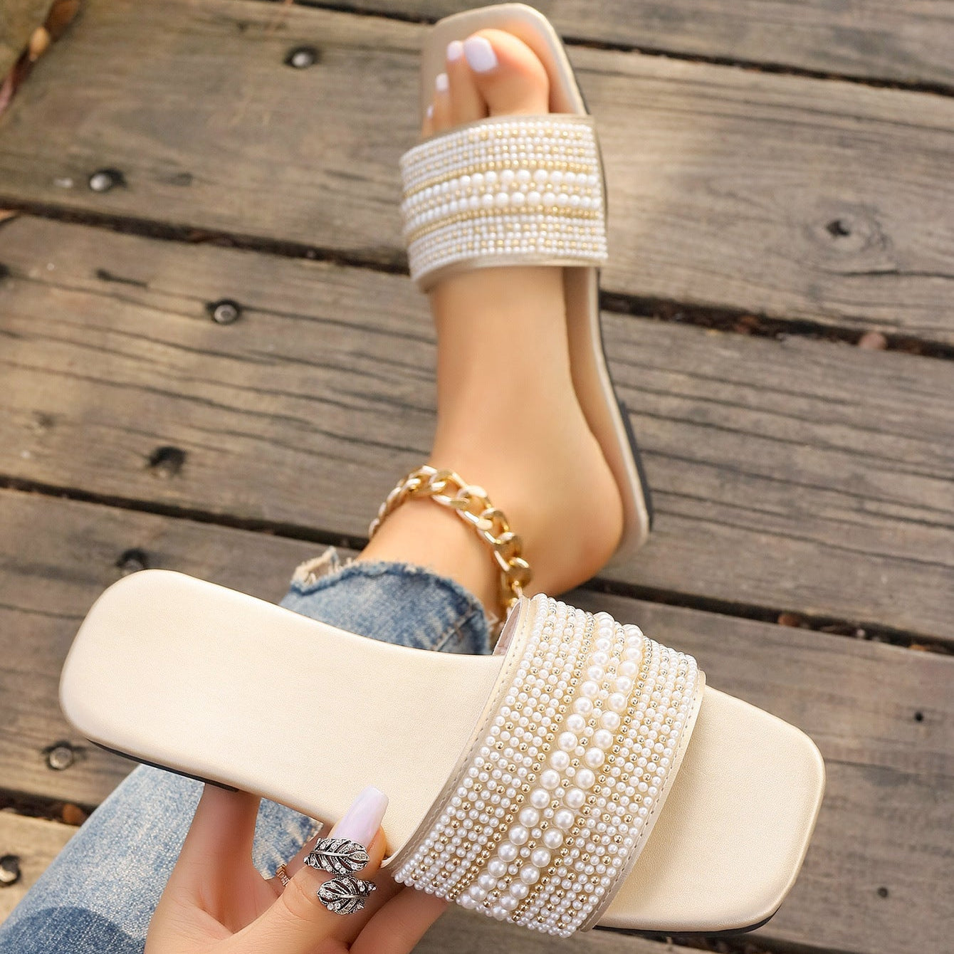 Pearl Rhinestone Embellished Square Toe Slide Sandals – Flat Comfort Mules