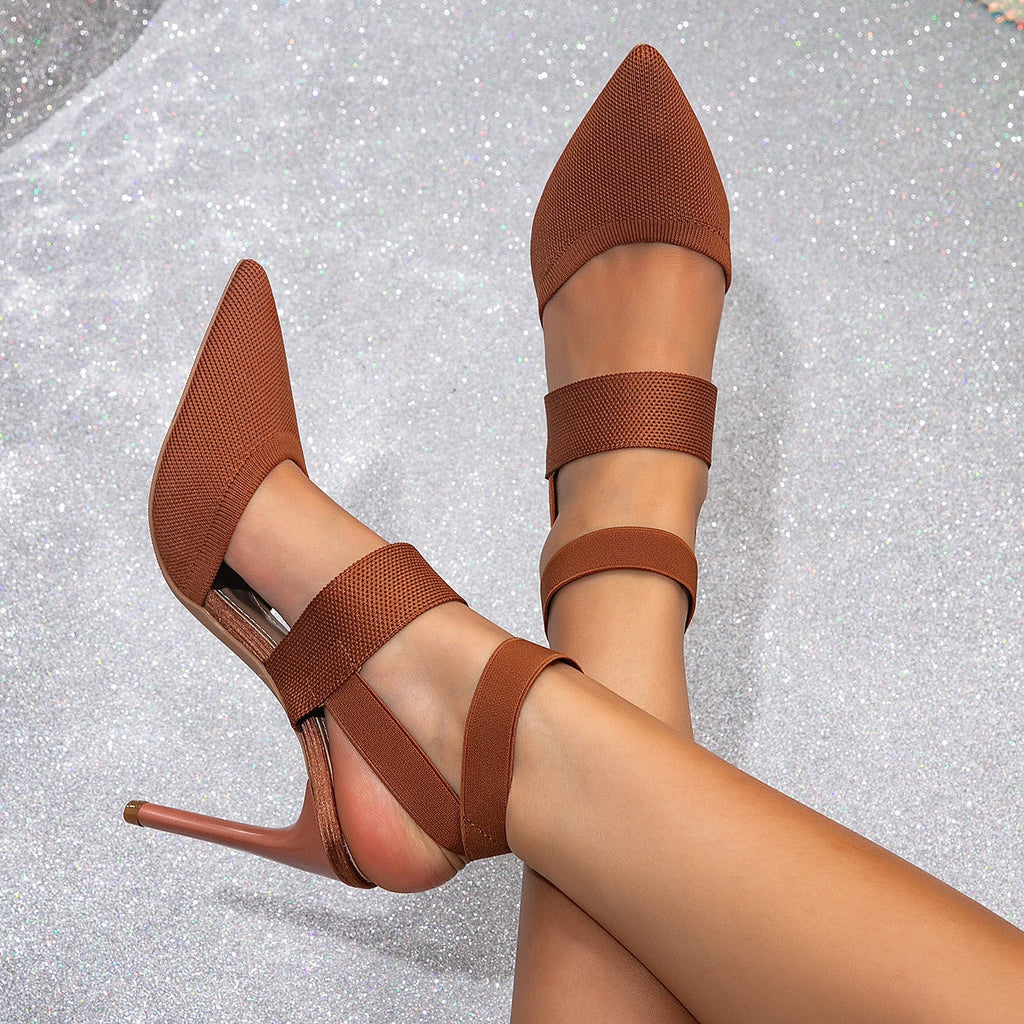 Women's Pointed Toe Stiletto Heels with Elastic Straps – Ankle Wrap High Heel Sandals