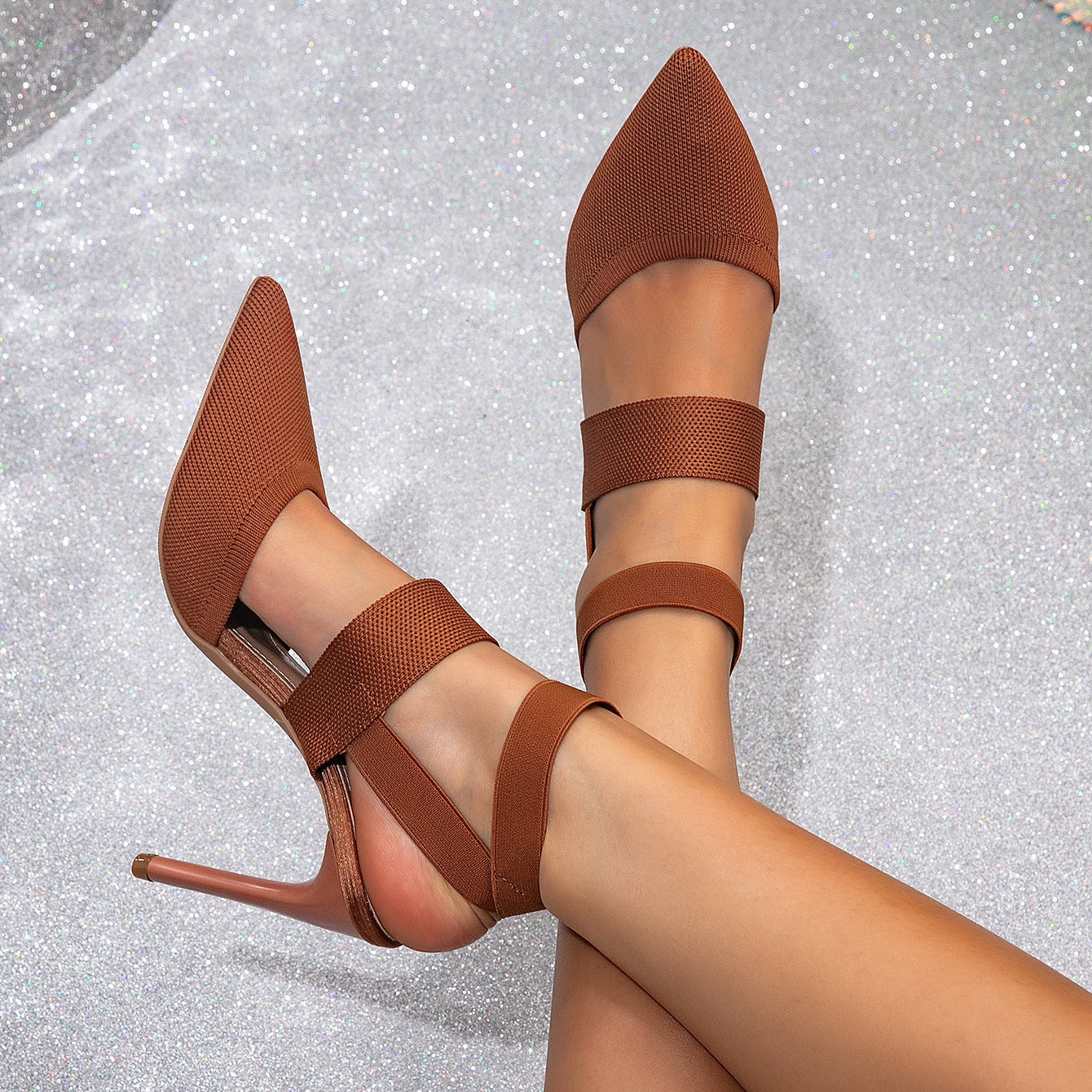 Women's Pointed Toe Stiletto Heels with Elastic Straps – Ankle Wrap High Heel Sandals