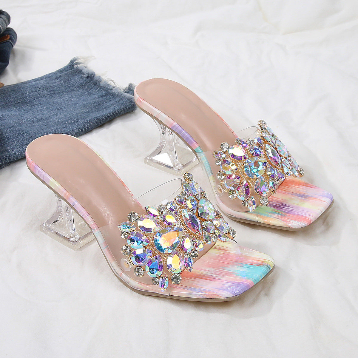 Sparkle Square Toe Clear Heeled Sandals – Rhinestone Embellished Transparent Mules