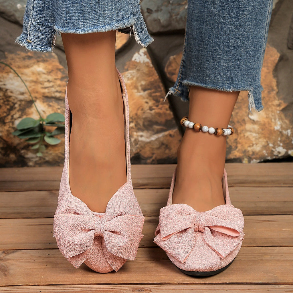 Women's Bow Flat Shoes – Sparkly Glitter Slip-On Ballet Flats with Big Bow