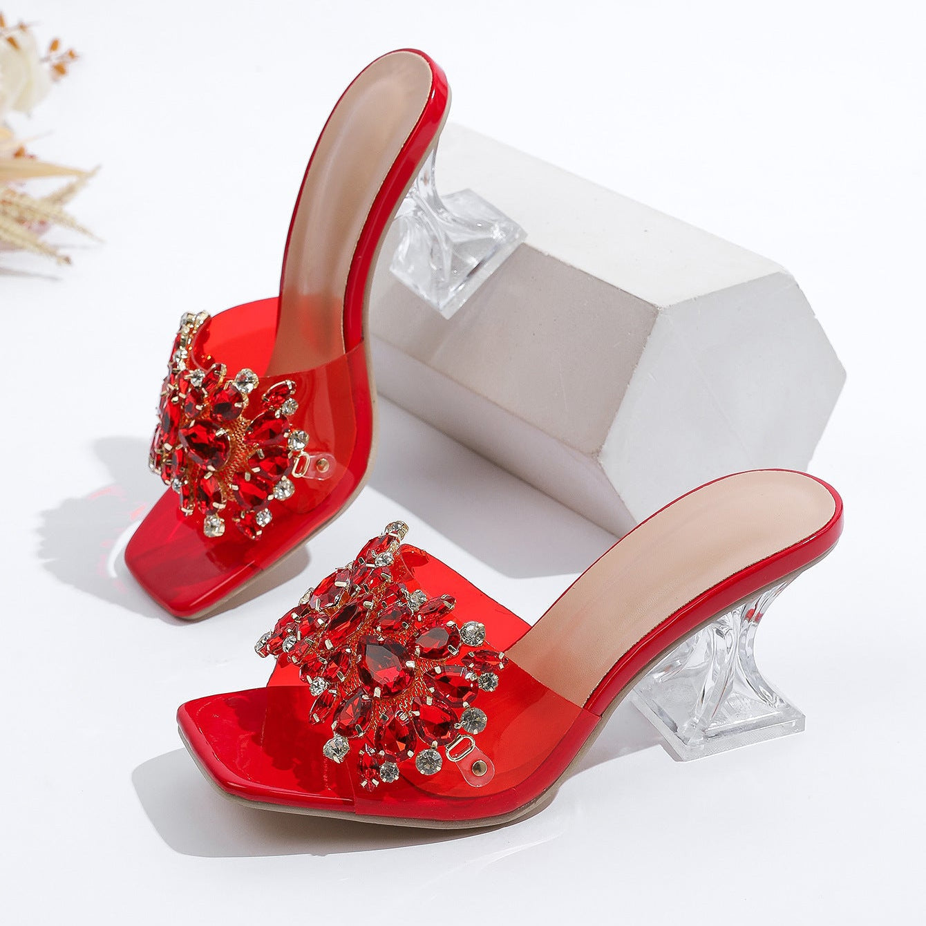 Sparkle Square Toe Clear Heeled Sandals – Rhinestone Embellished Transparent Mules