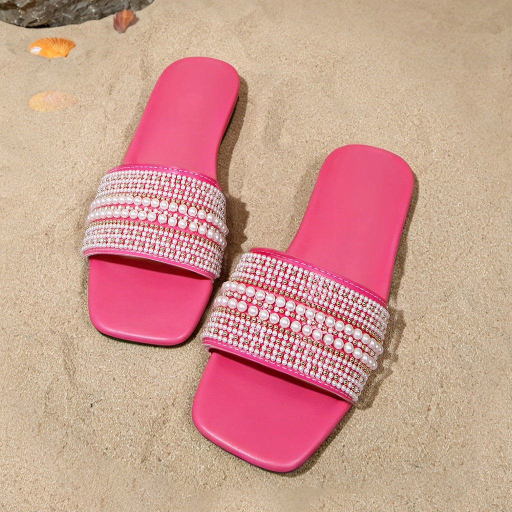 Pearl Rhinestone Embellished Square Toe Slide Sandals – Flat Comfort Mules