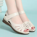 Women's Cutout Leather Sandals - Adjustable Strap Comfort Open Toe Flats