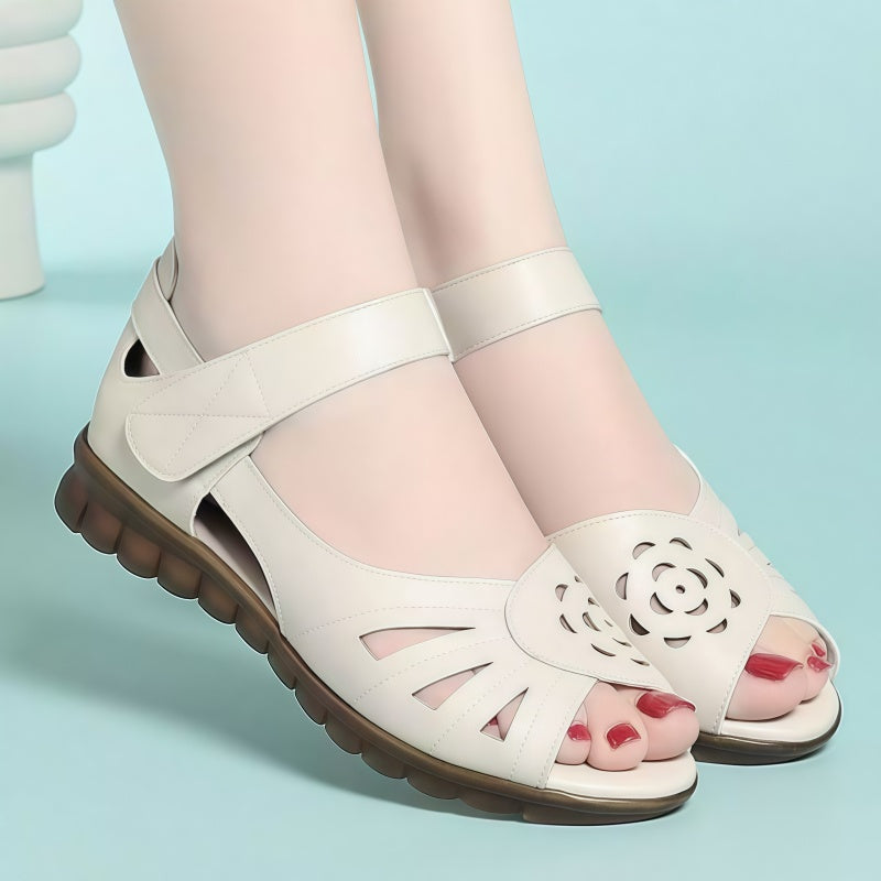 Women's Cutout Leather Sandals - Adjustable Strap Comfort Open Toe Flats