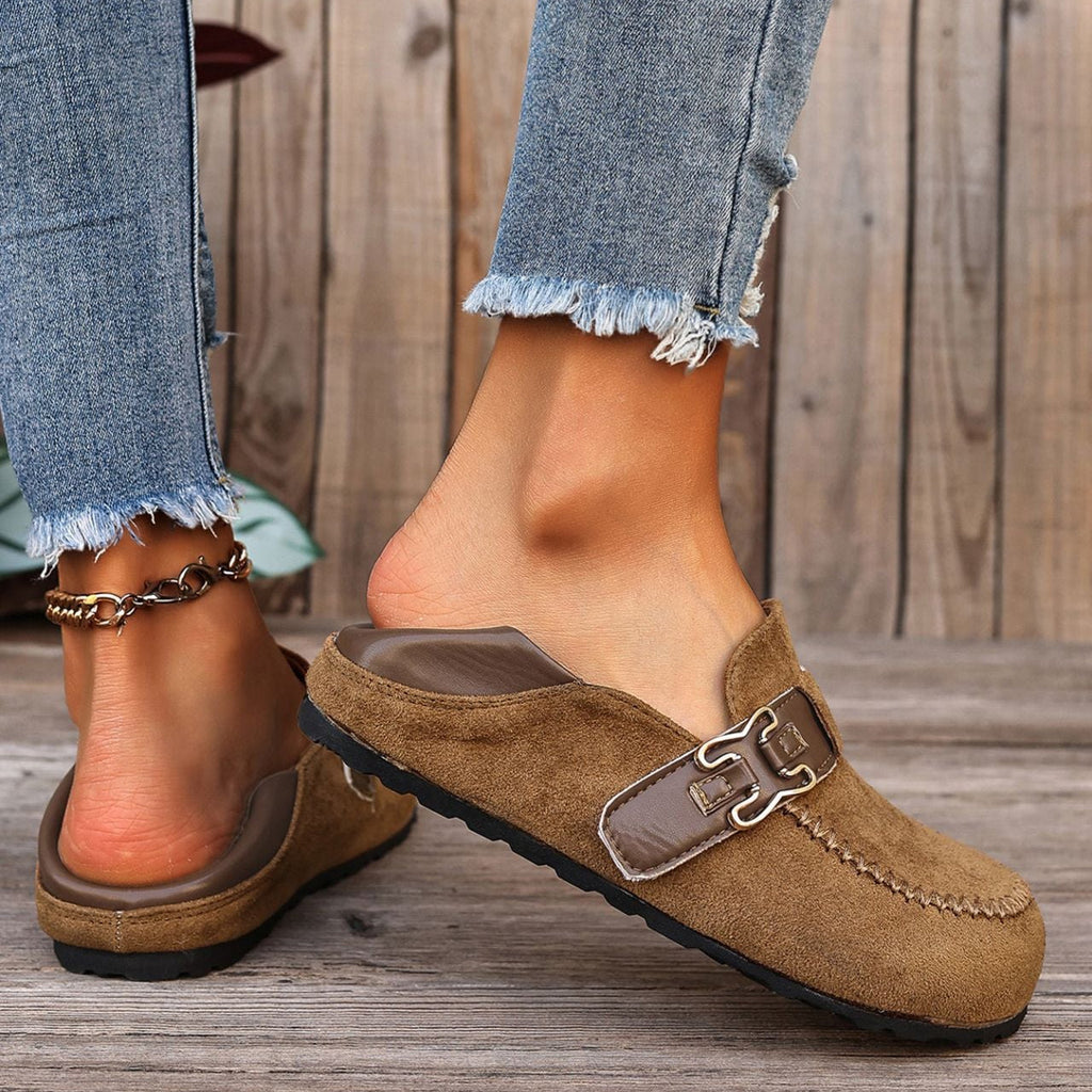 Women's Suede Buckle Mule Loafers - Leopard Print & Solid Casual Slip-On Shoes
