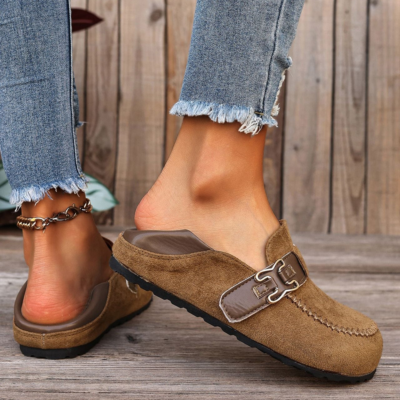 Women's Suede Buckle Mule Loafers - Leopard Print & Solid Casual Slip-On Shoes