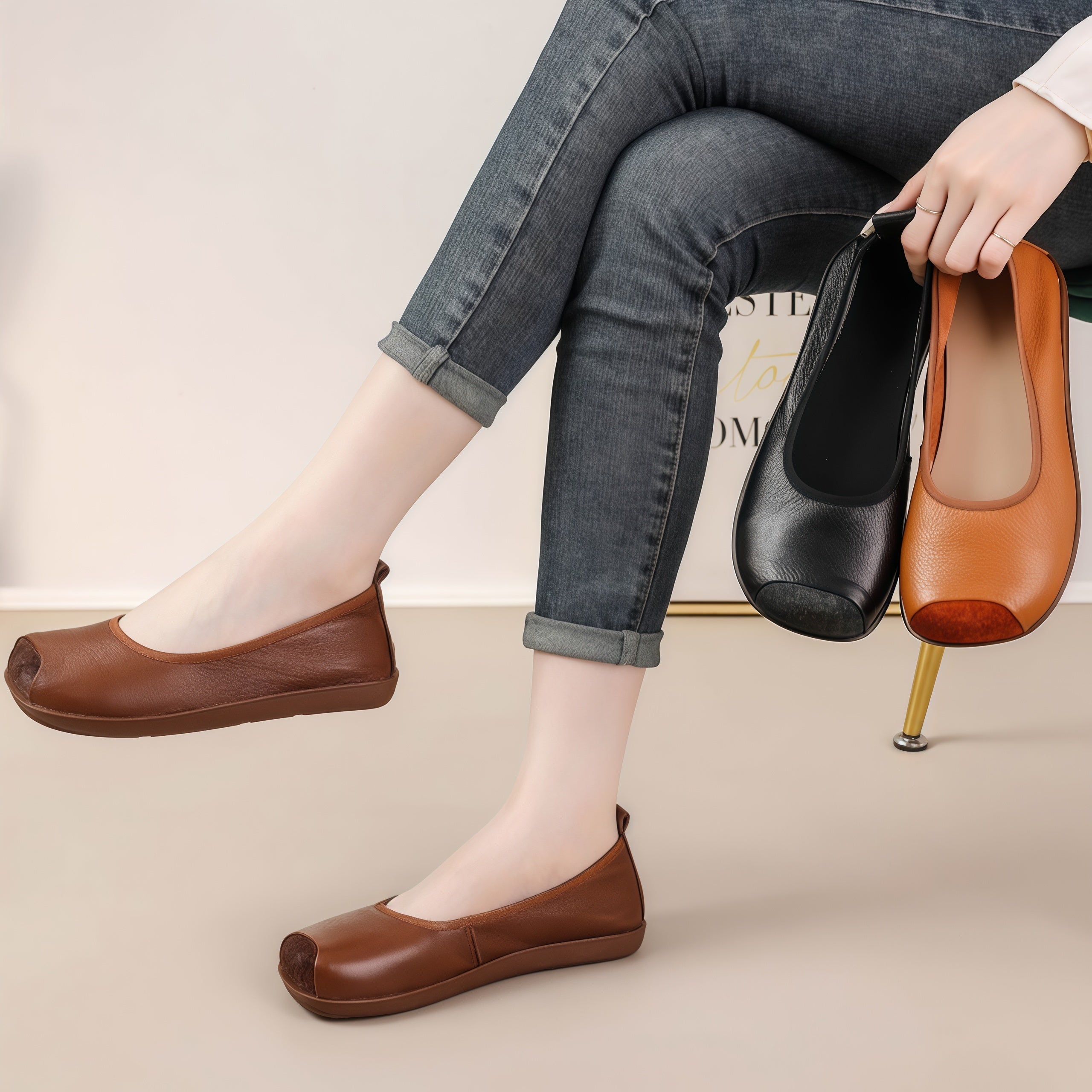 Women's Genuine Cowhide Leather Slip-On Flats - Square Toe Comfort Casual Shoes