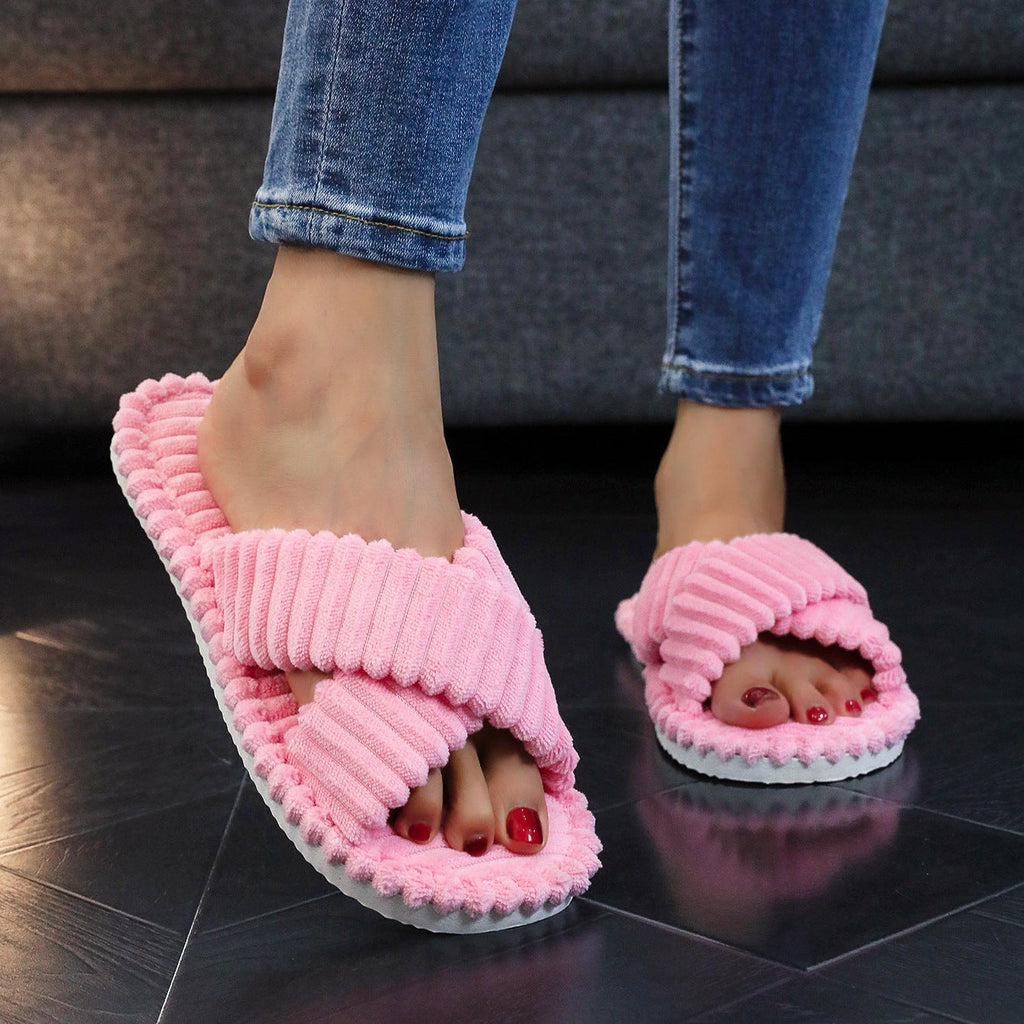 Cozy Corduroy Cross Strap Slides – Plush Platform Slippers