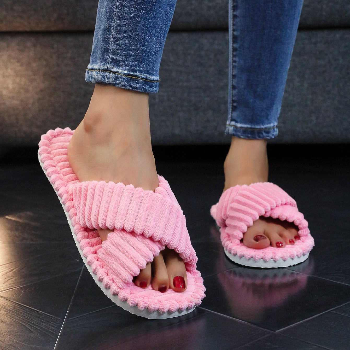Cozy Corduroy Cross Strap Slides – Plush Platform Slippers