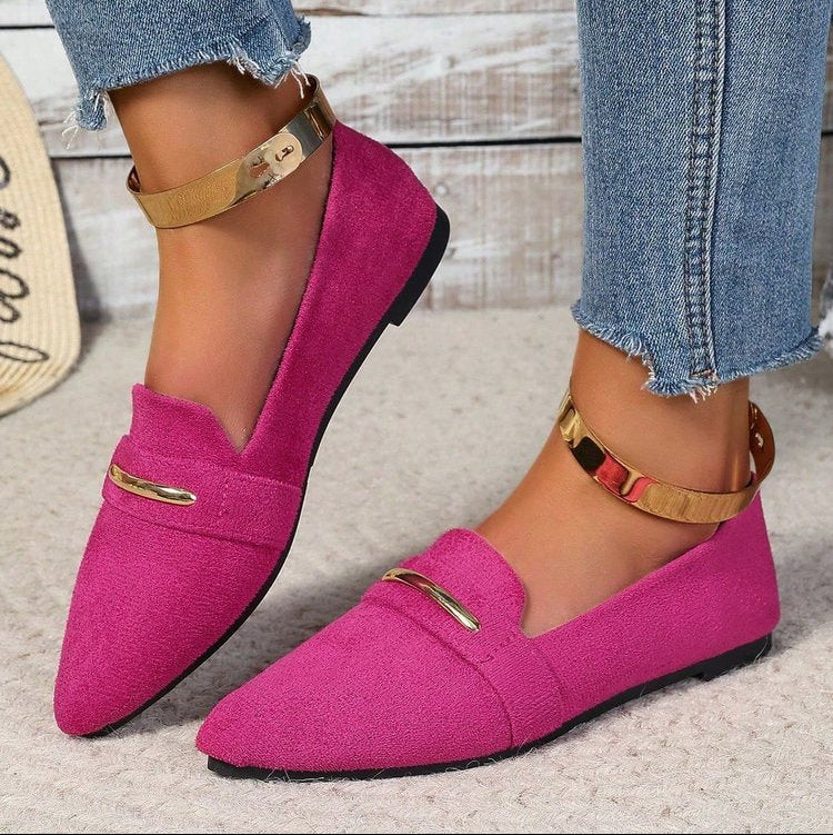 Women's Pointed Toe Loafers with Gold Metal Bar – Suede Ankle Strap Flats Comfortable Slip-On Shoes