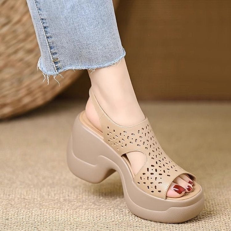 Women's 6CM Platform Chunky Heel Sandals - Perforated Cutout Open Toe Slingback Shoes with Ankle Strap