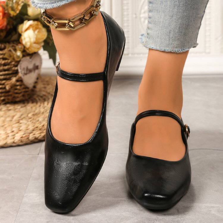 Women's Square Toe Mary Jane Flats with Ankle Strap – Classic Buckle Slip-On Casual Shoes
