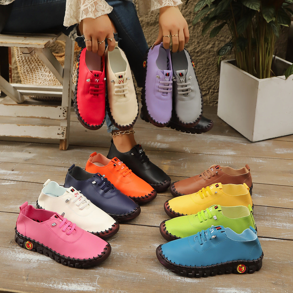 Casual Lace-Up Loafers for Women – Soft Leather Stitched Comfort Shoes with Anti-Slip Sole