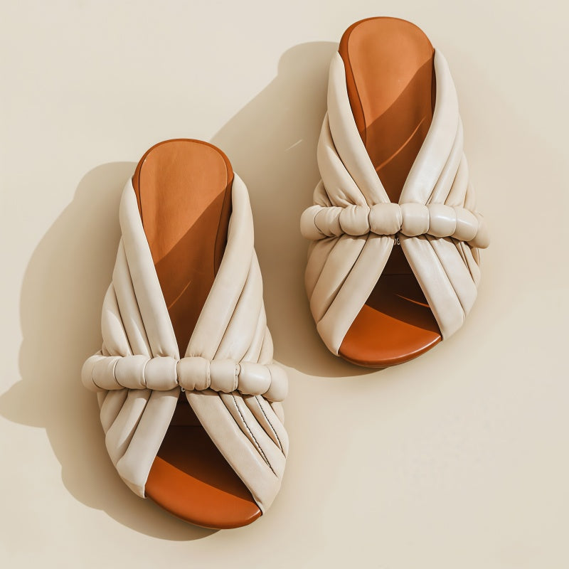 Women's Braided Knot Slide Sandals - Pleated Puffy Strap Low Heel Mules