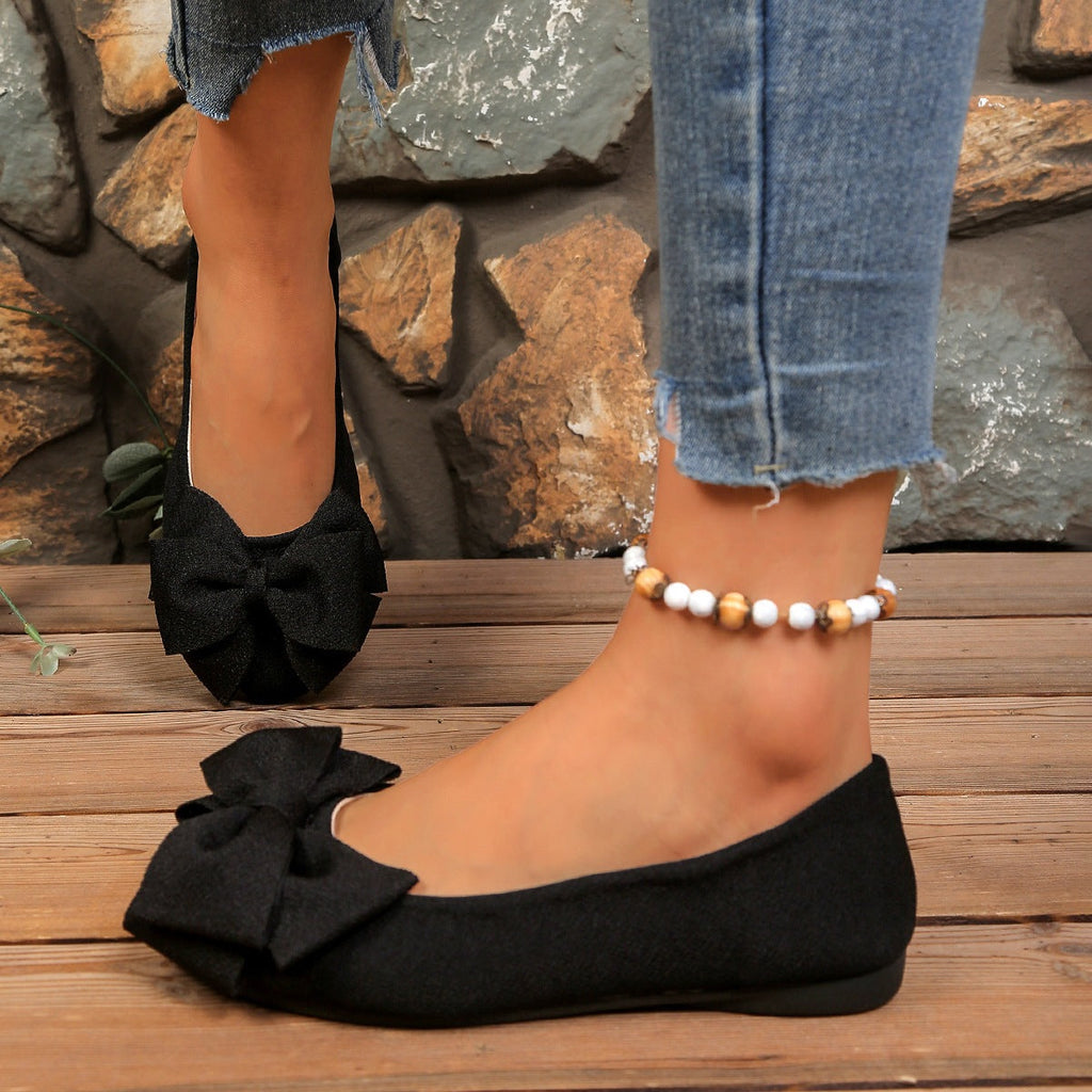 Women's Bow Flat Shoes – Sparkly Glitter Slip-On Ballet Flats with Big Bow