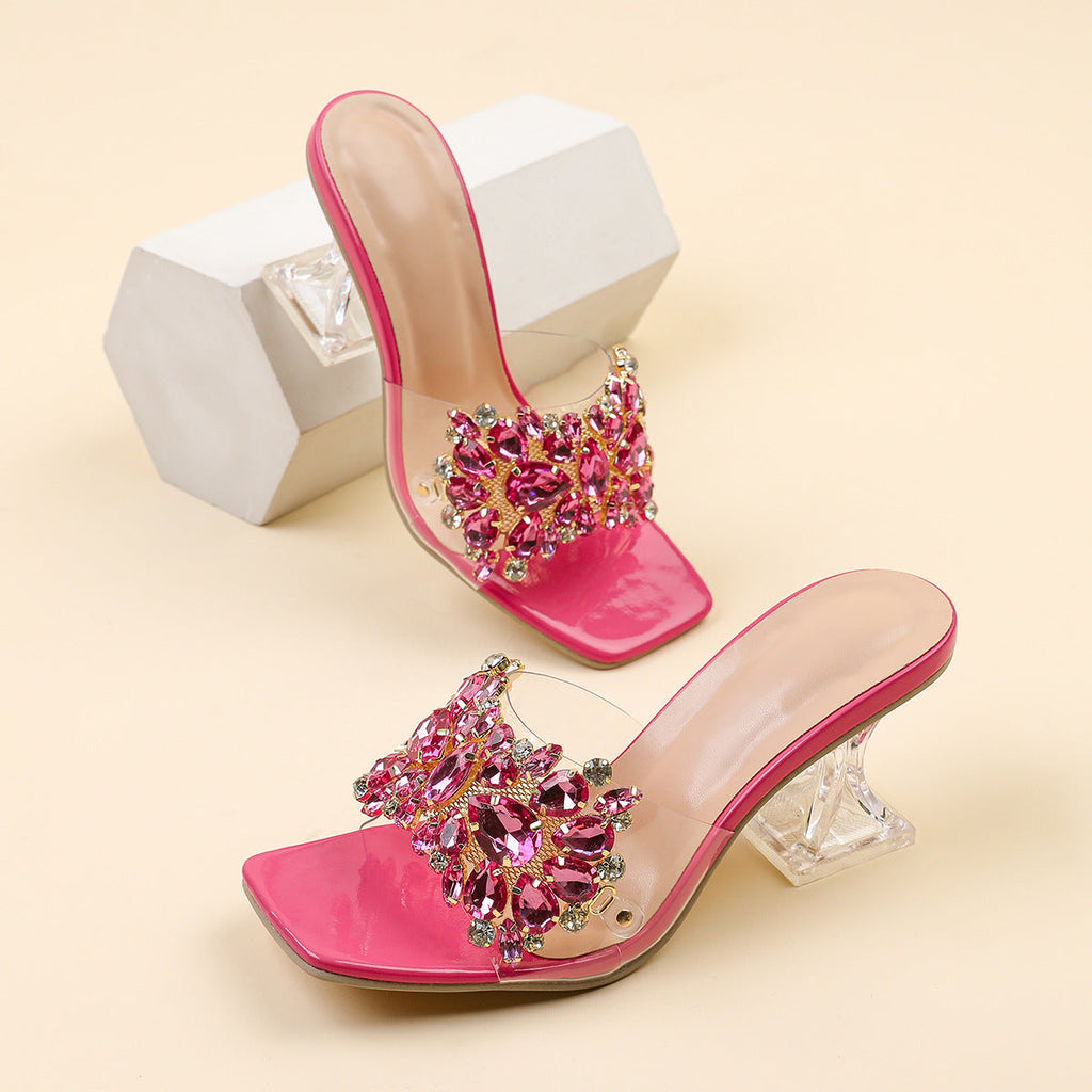 Sparkle Square Toe Clear Heeled Sandals – Rhinestone Embellished Transparent Mules