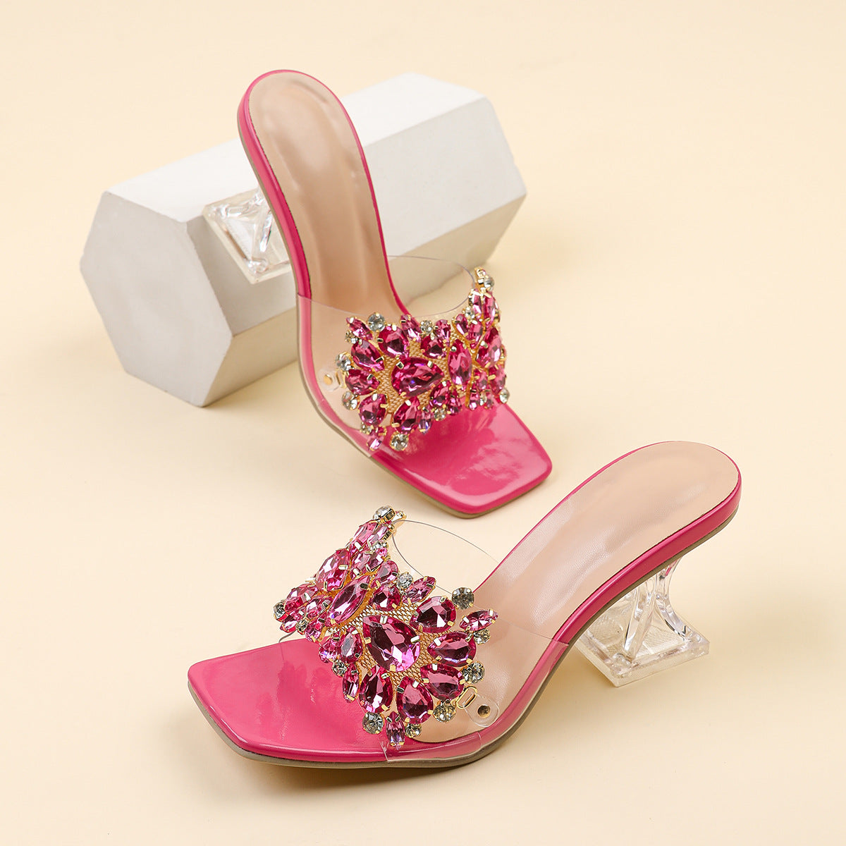 Sparkle Square Toe Clear Heeled Sandals – Rhinestone Embellished Transparent Mules