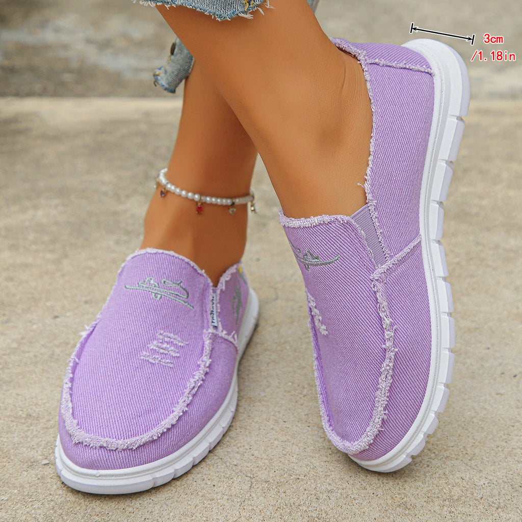 Women's Distressed Canvas Slip-On Loafers - Skateboard Embroidered Casual Shoes