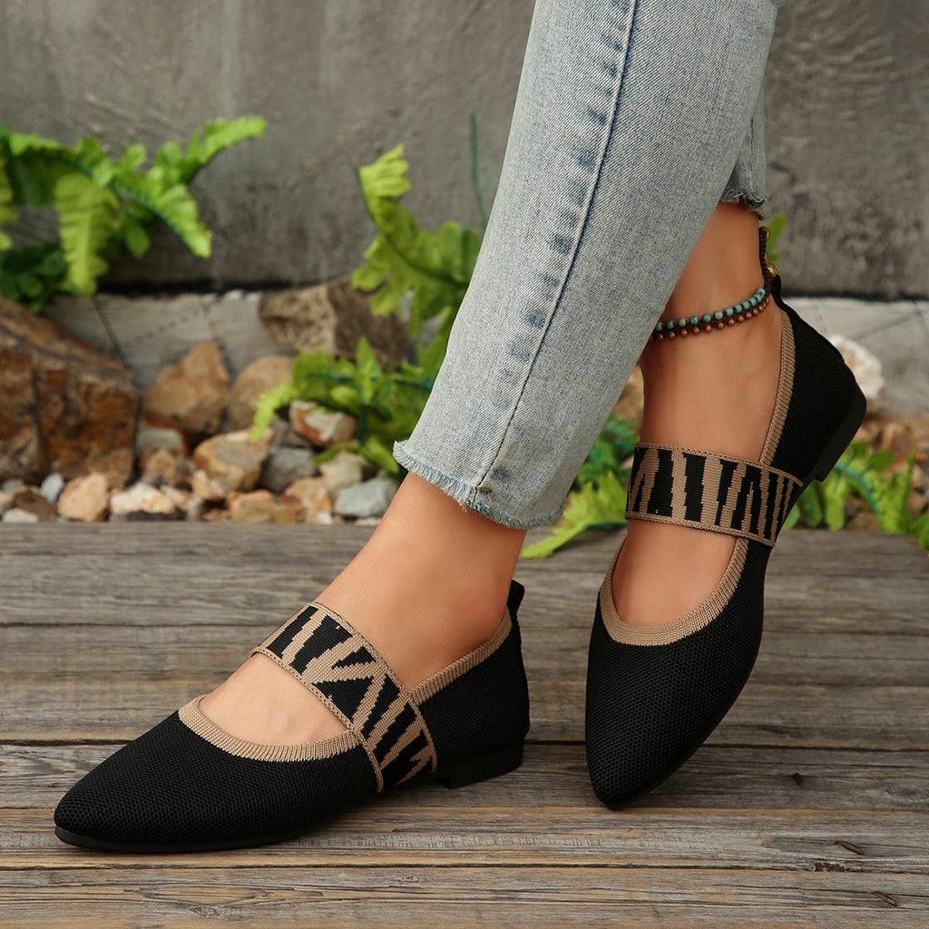 Women's Pointed Toe Mary Jane Flats - Woven Knit Elastic Strap Comfort Shoes
