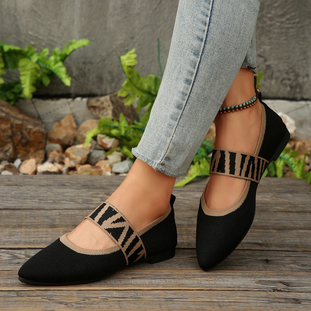 Women's Pointed Toe Mary Jane Flats - Woven Knit Elastic Strap Comfort Shoes
