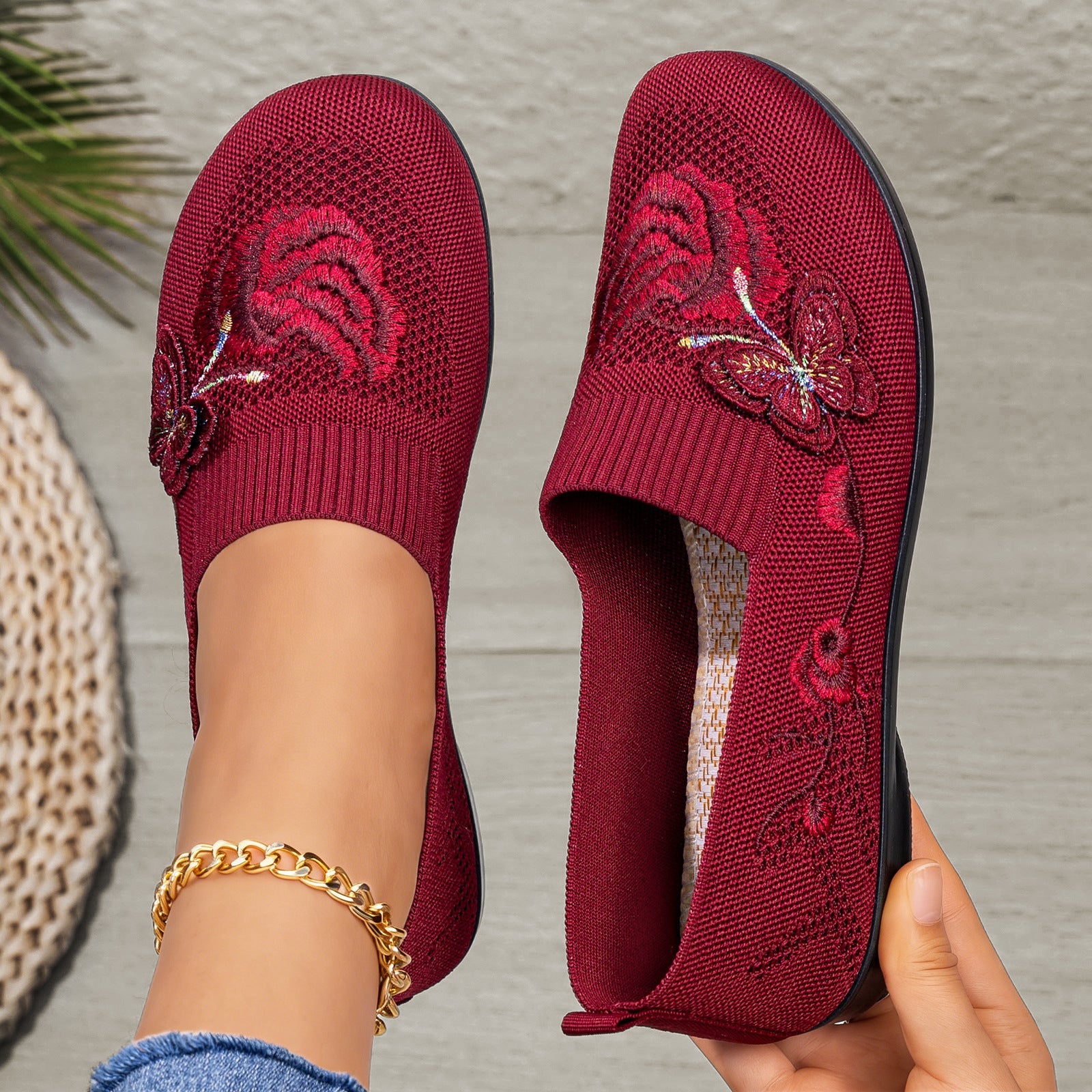 Women's Embroidered Knit Slip-On Shoes – Breathable Butterfly Casual Flats