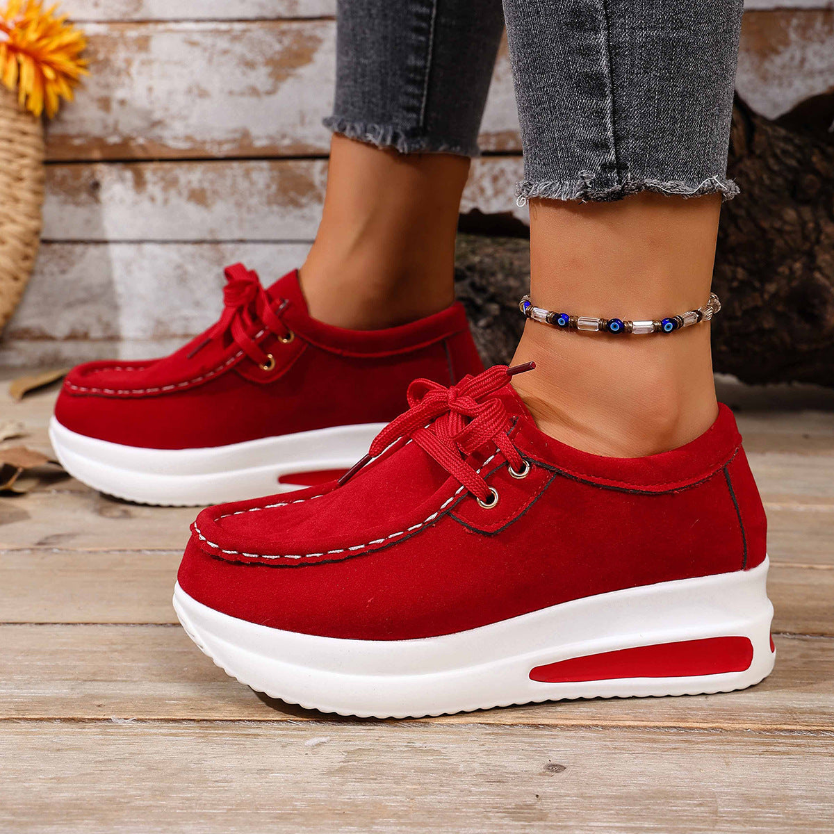 Women's Platform Lace-Up Loafers - Chunky Sole Suede Casual Sneakers