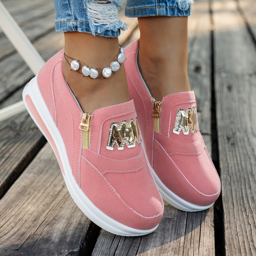 Women's Slip-On Platform Sneakers with Zipper & Metallic Accent - Casual Wedge Shoes